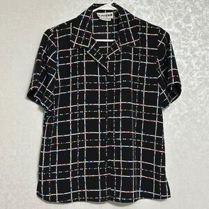 Joan Leslie VTG Geometric Grid Button Up Blouse Short Sleeve Black Retro Y2K 8P